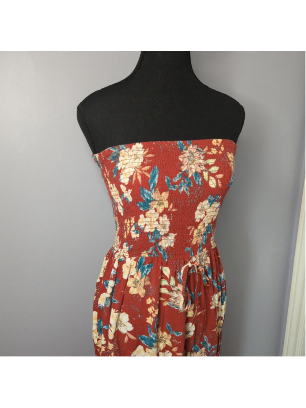 Smocked Floral Strapless Jumpsuit Sz M Wide Leg Rust Orange Boho Chic - Picture 3 of 10